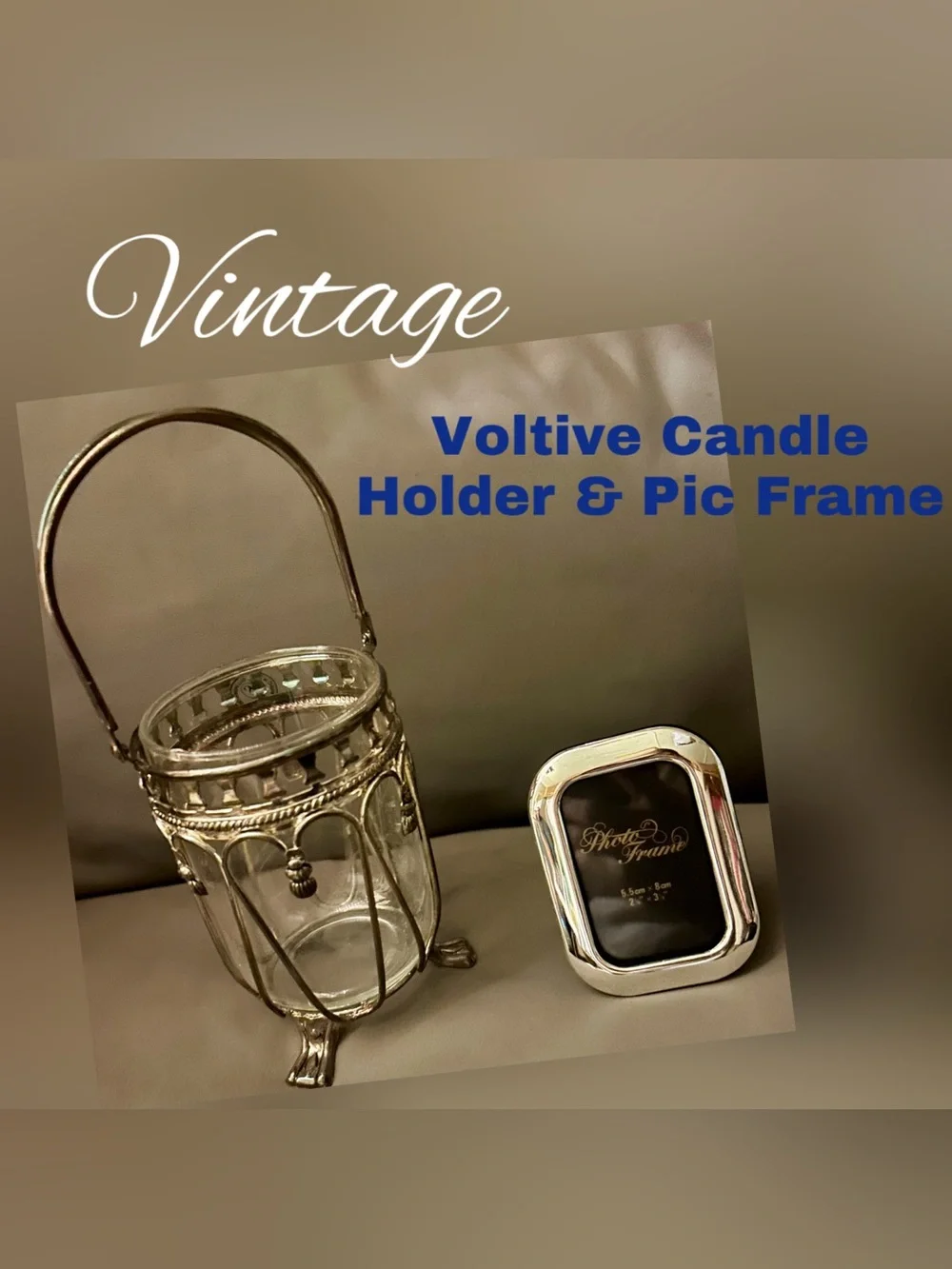 Vintage Silver Votive Candle Holder and Photo Frame Set